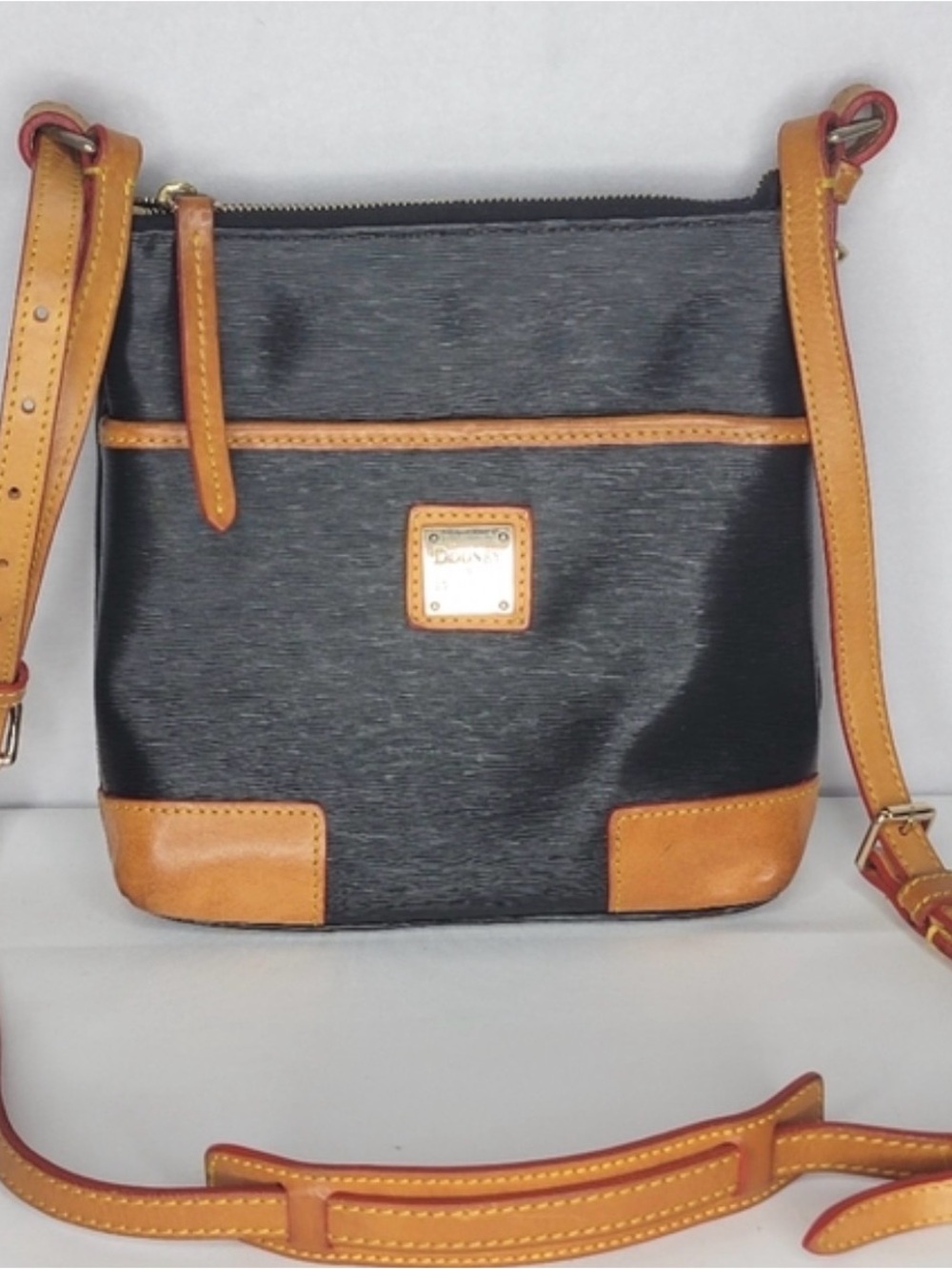Dooney & Bourke Black Crossbody with Tan Trim and Red Piping